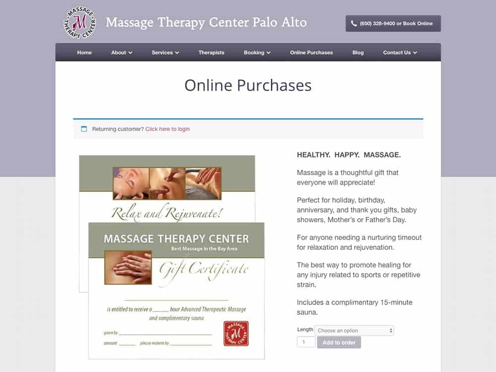 Massage Therapy Center Gift Certificates Page