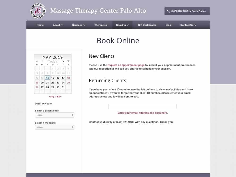 Massage Therapy Center Online Booking Page