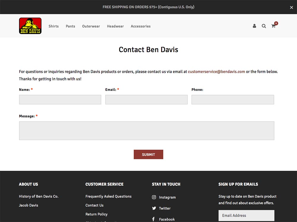 Ben Davis Clothing Contact Page
