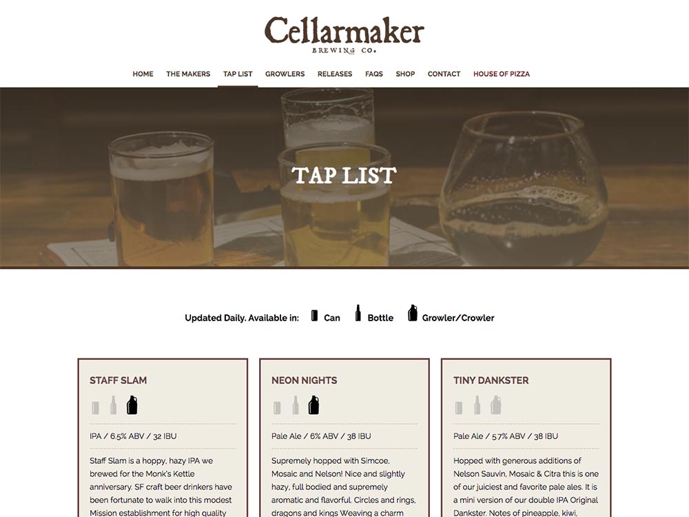 Cellarmaker Brewing Company Taplist Page
