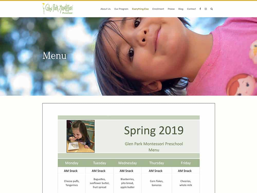 Glen Park Montessori Menu Page