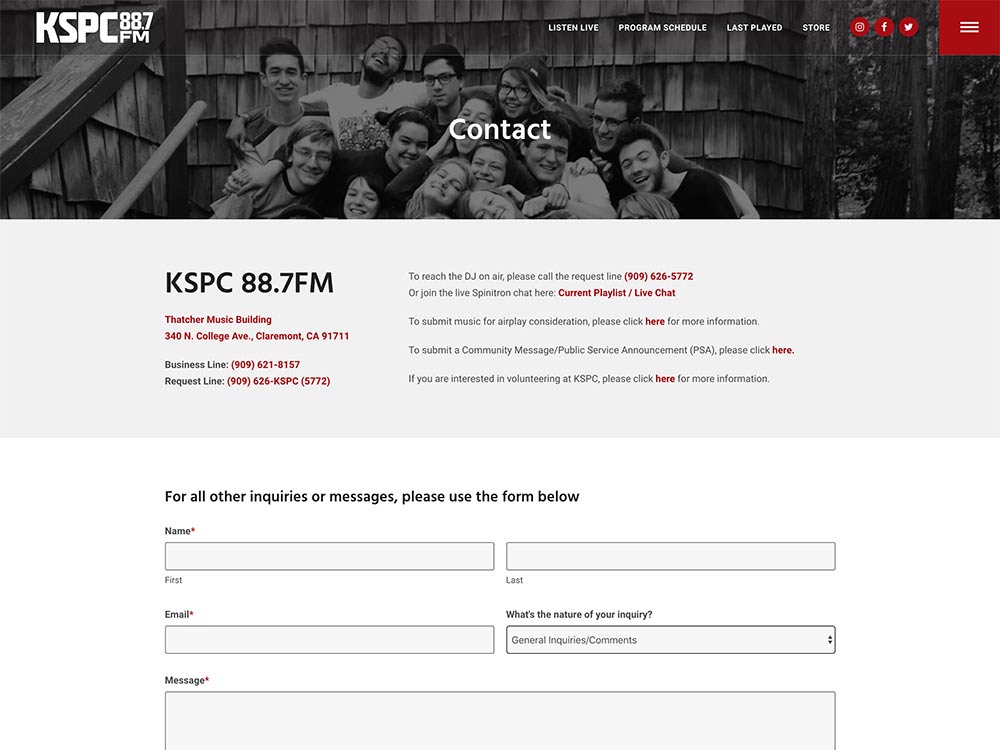 KSPC 88.7FM Contact Page