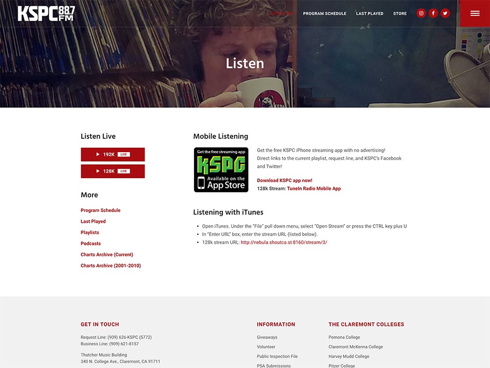 KSPC 88.7FM Listen Live Page