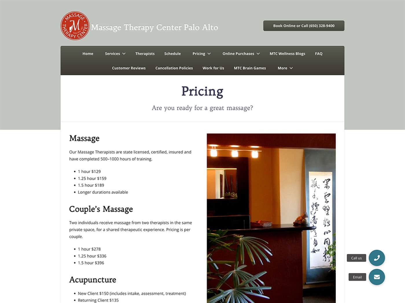 Massage Therapy Center Pricing Page