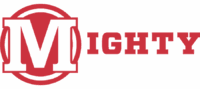 The Word “Mighty” In Bold Red Letters, With A Large Red And White “M” Inside A Circle At The Start Of The Word. The Background Is Light Gray.