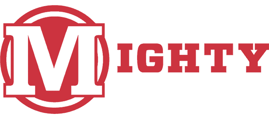 The word “MIGHTY” in bold red letters, with a large red and white “M” inside a circle at the start of the word. The background is light gray.