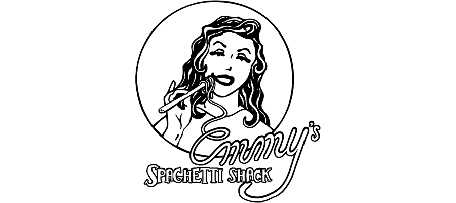 A woman eating spaghetti with a fork is inside a circle. Below, text reads “Carmy’s Spaghetti Shack” in stylized fonts.