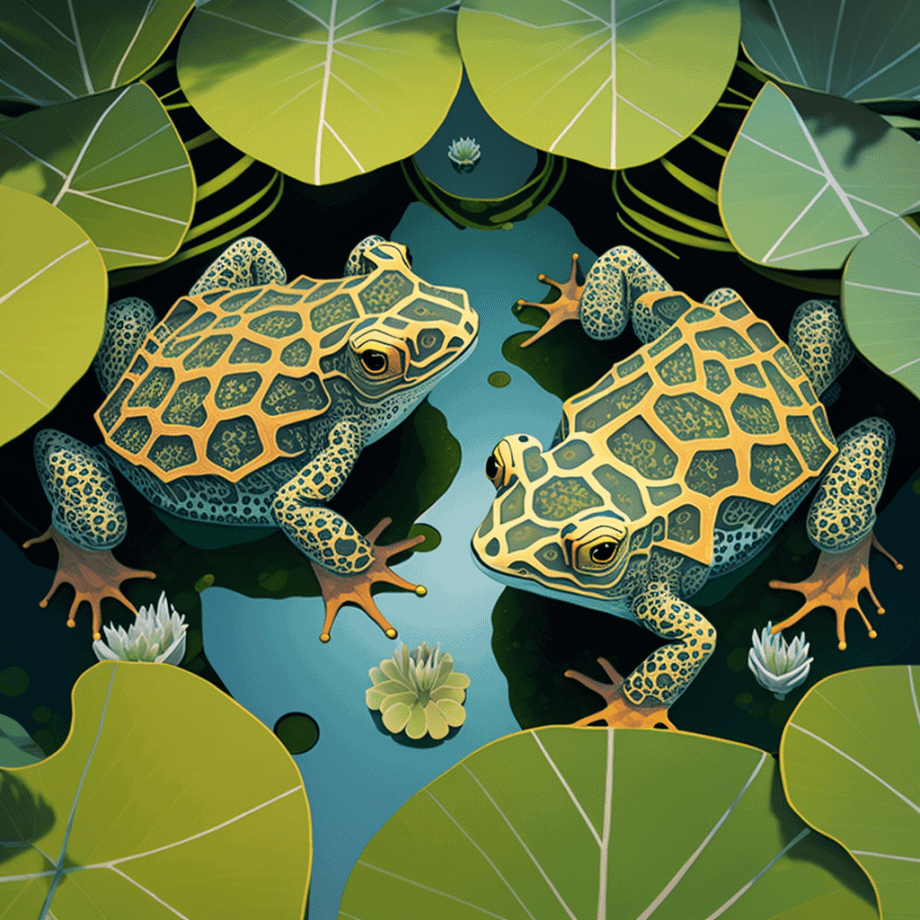 Wide Angle Illustration of Geometric Frogs on Lilypads