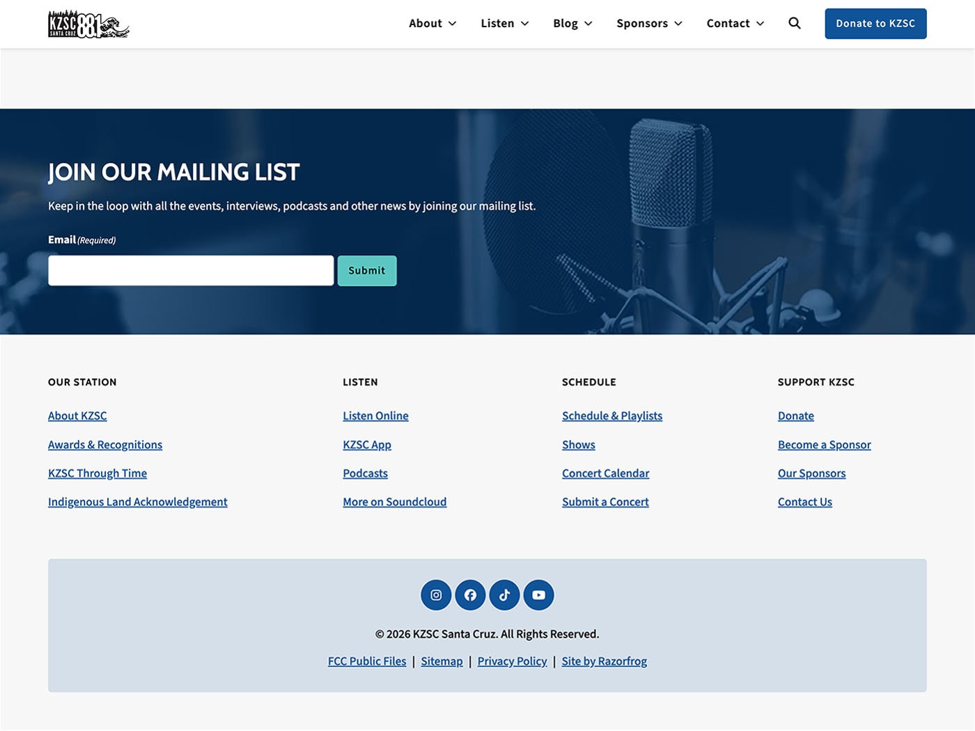 KZSC Mailing List CTA and Footer