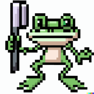 DALL·E 2022 08 11 10.44.23 A frog holding a disposable shaving razor like a sword pixel art