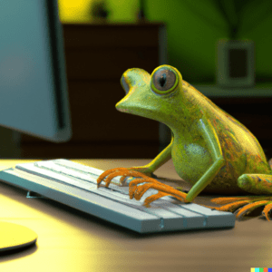DALL·E 2022 08 11 10.44.33 A frog at a desk working on a computer realistic digital image