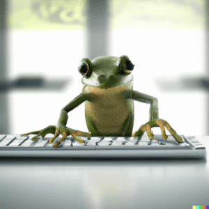 DALL·E 2022 08 11 10.44.46 A frog at a desk working on a computer realistic digital image