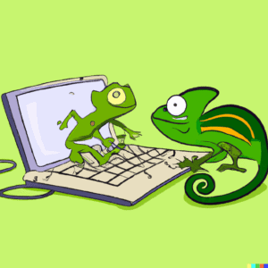DALL·E 2022 08 11 10.47.31 a frog and a chameleon working together to design a website
