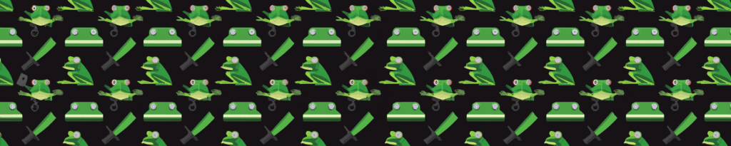A repeating pattern of cartoon frogs, green beds, and green ribbon shapes on a black background. The items are arranged in diagonal lines across the image.