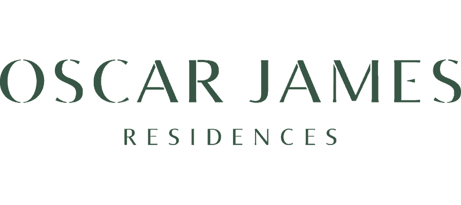 The image shows the text “OSCAR JAMES RESIDENCES” in an elegant, modern font with green lettering on a light gray background.