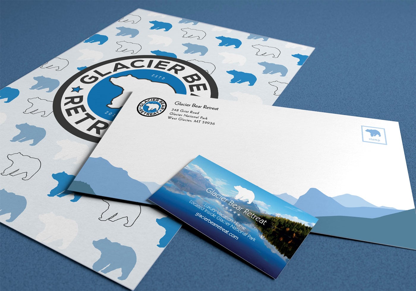 Glacier Bear Retreat Letterhead, Envelope and Business Card Front Mockup