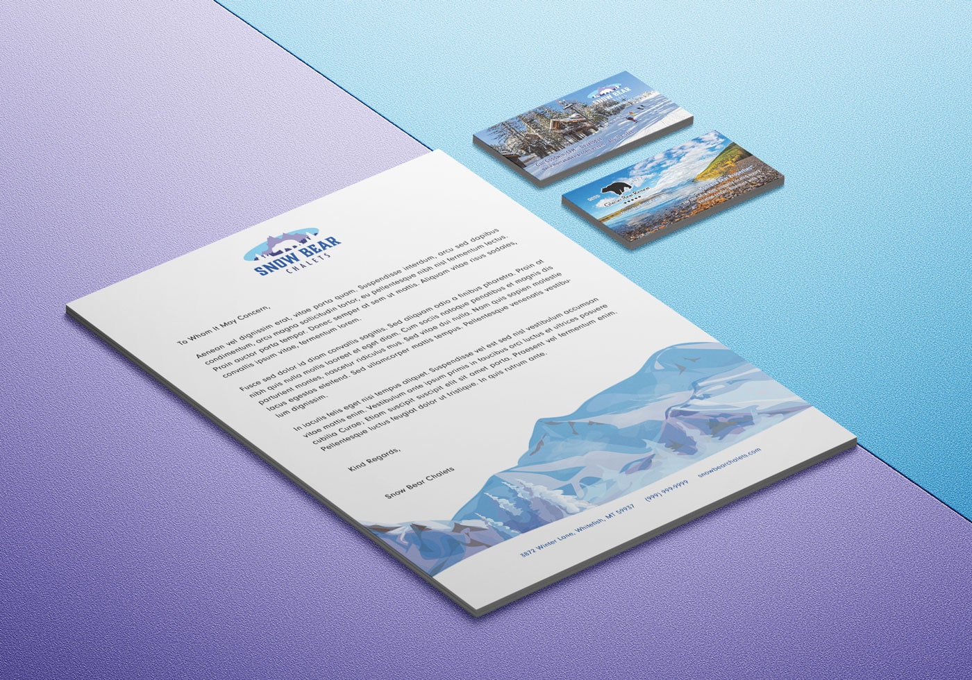 Snow Bear Chalets Letterhead Front and Business Cards Mockup