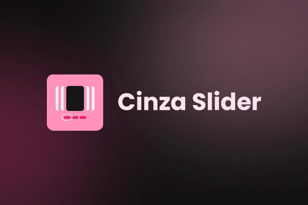 Pink square icon with a rectangle and lines, next to the text “Cinza Slider” in light pink font on a dark gradient background.