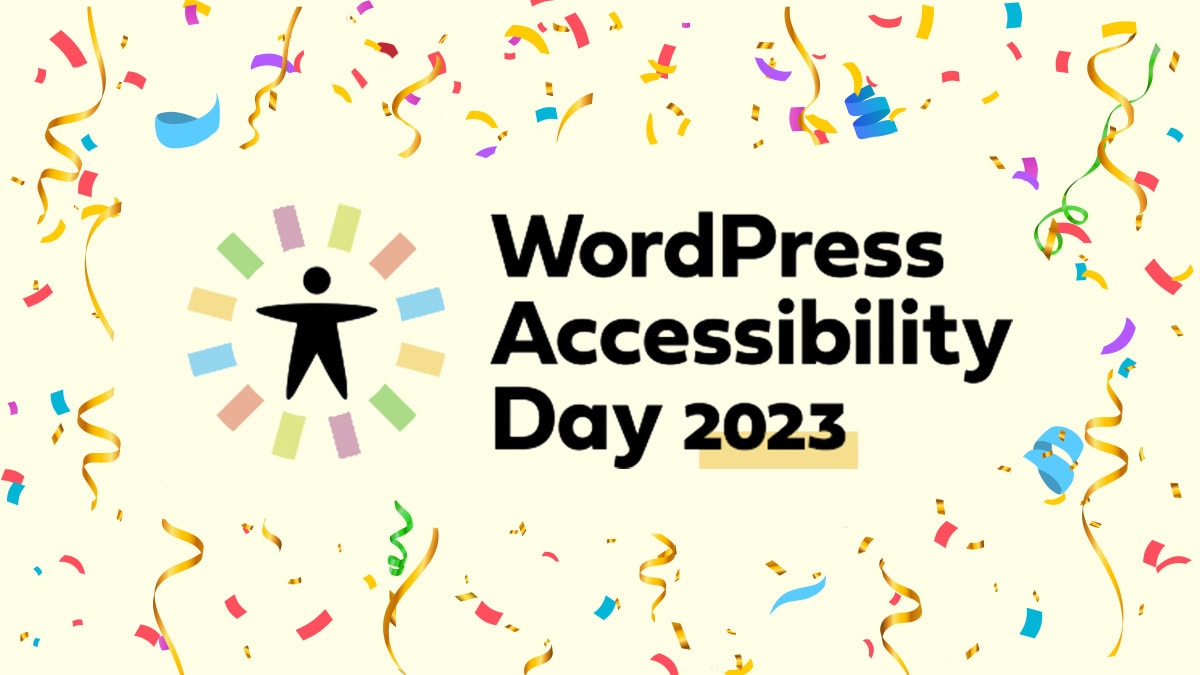 WordPress Accessibility Day 2023 Logo Banner With Celebrative Falling Colorful Confetti and Gold Streamers