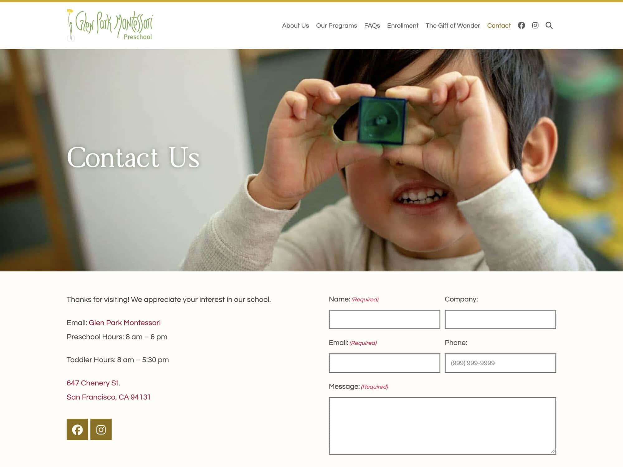 Glen Park Montessori Contact Us Page