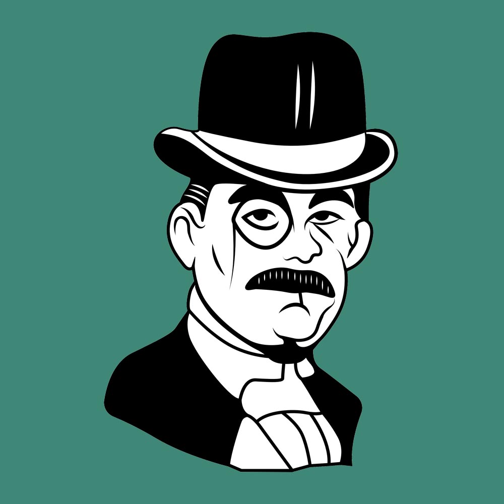 Stylized illustration of a man with a classic bowler hat, a distinguished mustache, and a serious expression on a green background.