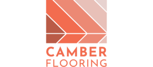 A Geometric Logo With Diagonal Orange And Pink Stripes Forms A Square Above The Words “Camber Flooring” In Bold Orange Text.