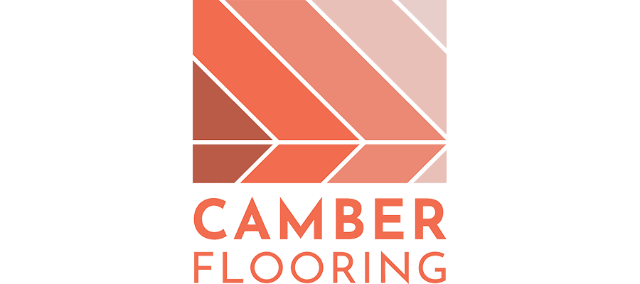 A geometric logo with diagonal orange and pink stripes forms a square above the words “Camber Flooring” in bold orange text.