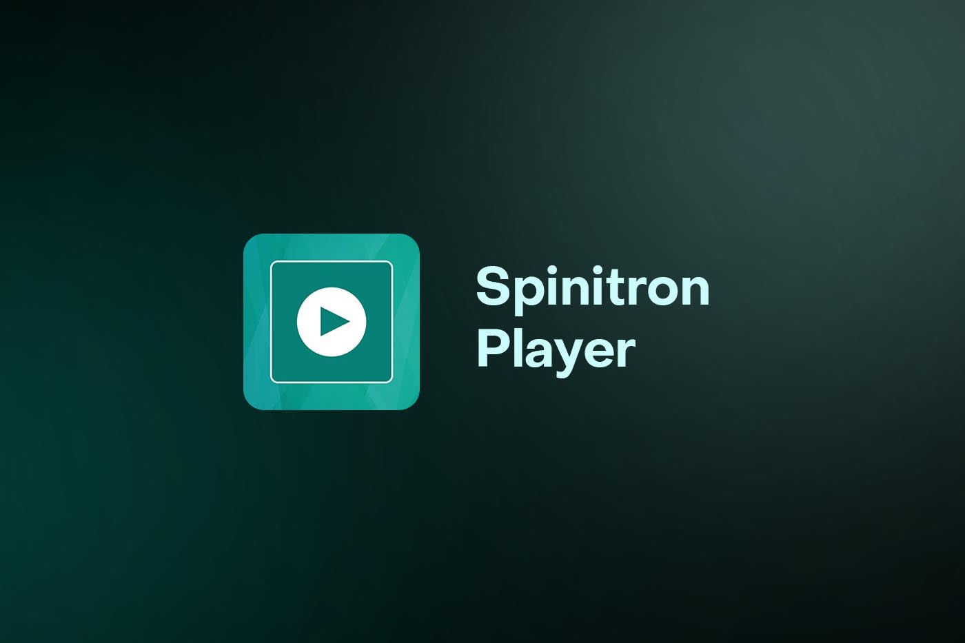 Logo for Spinitron Player with a dark green and black gradient background. The logo consists of a turquoise square with rounded corners and a white play button in the center. Text to the right of the square reads 