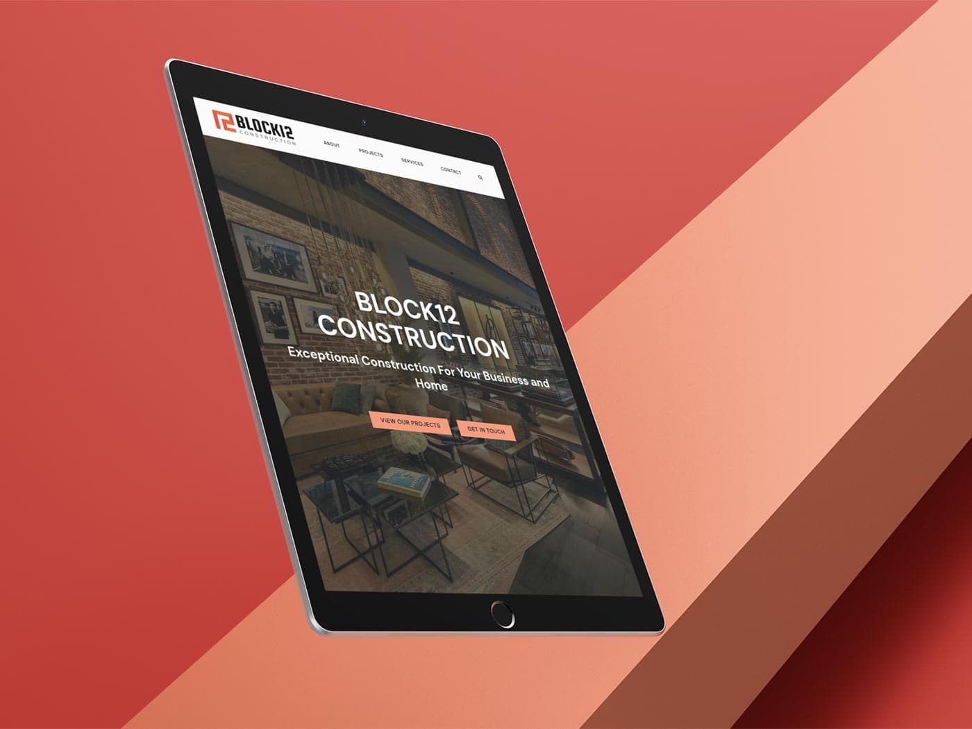 Block12 Construction website viewed on an iPad.