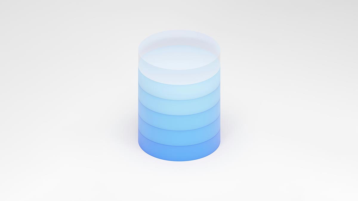 A blue cylindrical object with a gradient from light to dark blue, presented on a plain white background. The cylinder appears to have translucent layers stacked vertically.