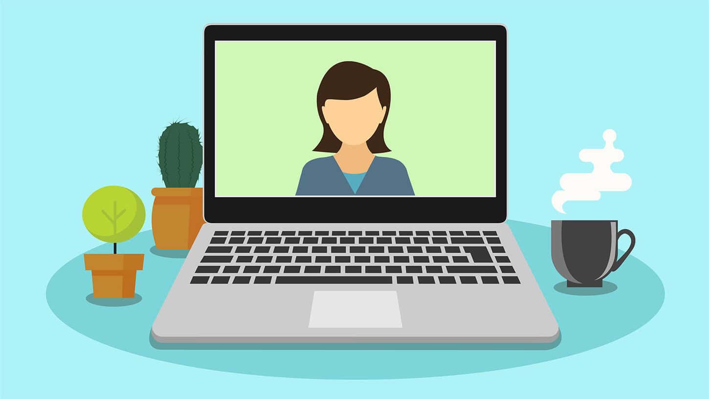 Illustration of a video call on a laptop screen featuring a person with short brown hair. The laptop is on a desk with a potted plant and cactus on the left and a steaming coffee cup on the right. The background is light blue.