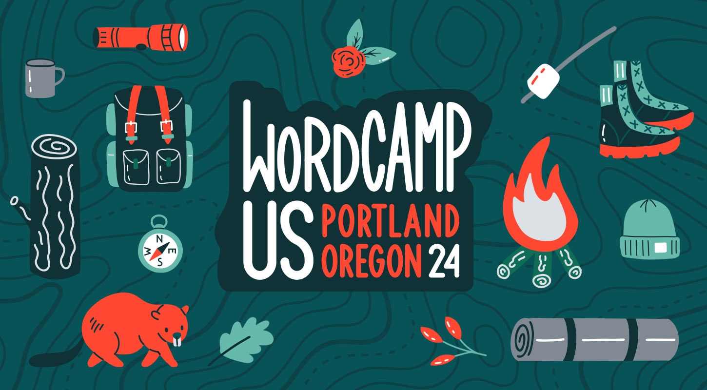 Illustration for WordCamp US 2024 in Portland, Oregon. Features camping items like a flashlight, boots, campfire, compass, backpack, beaver and various nature-themed elements on a green, topographic background.