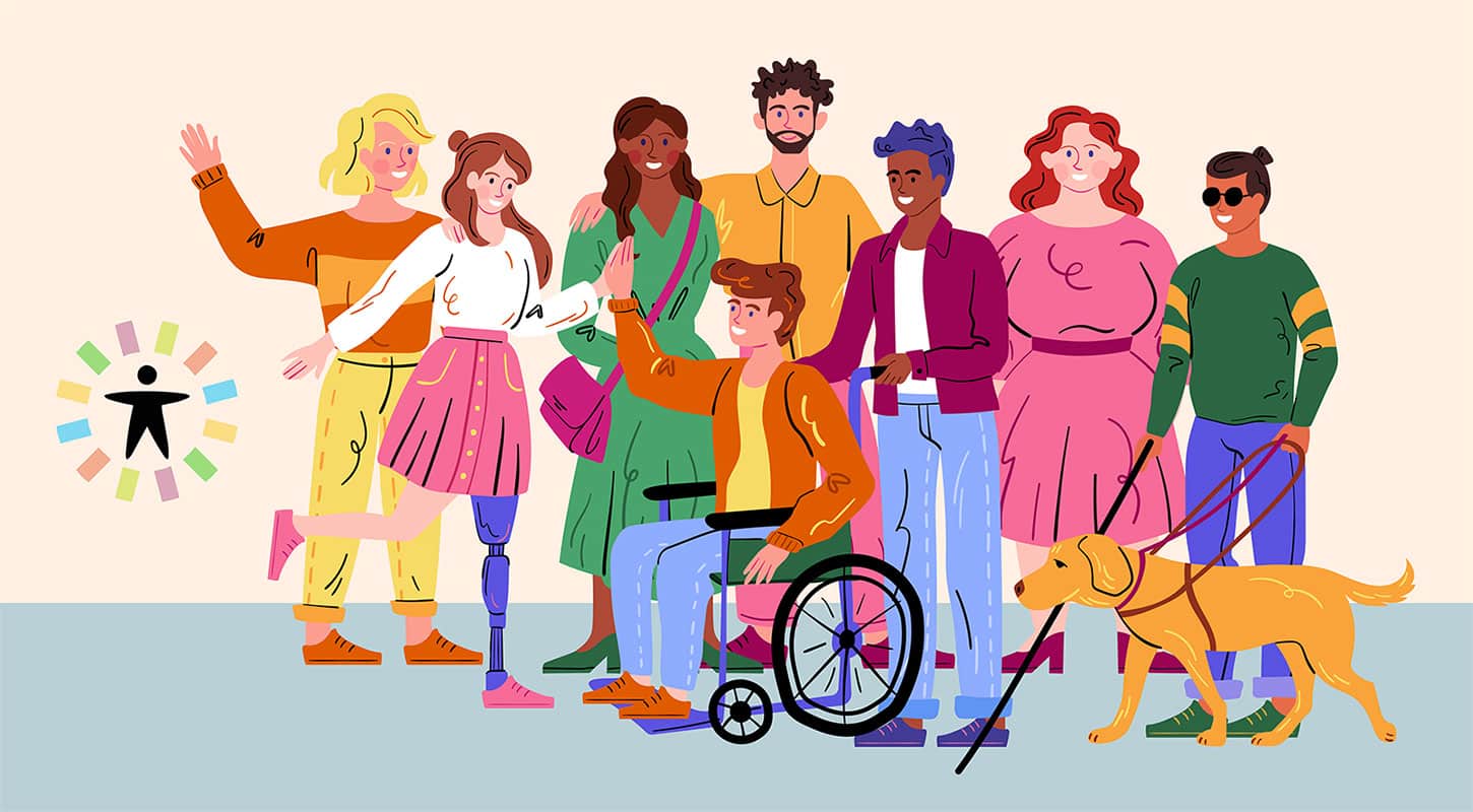 A diverse group of people dressed in colorful clothing stand together, smiling. They include individuals with a prosthetic leg, a wheelchair user, and a person with a guide dog. The official WordPress Accessibility Day brandmark representing inclusivity is on the left side.