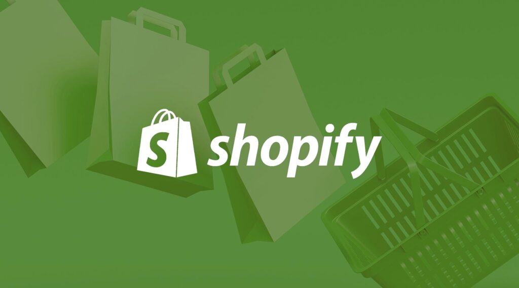 Shopify logo with white shopping bag icon and text on a green background, featuring shopping bags and a shopping basket in the background.