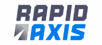 The Rapid Axis Logo Features Bold Gray “Rapid” Text Above Blue “Axis” Text, With A Gray And White Geometric Shape Resembling An Abstract Arrow Or Axis On The Left.