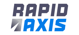 The Rapid Axis Logo Features Bold Gray “Rapid” Text Above Blue “Axis” Text, With A Gray And White Geometric Shape Resembling An Abstract Arrow Or Axis On The Left.