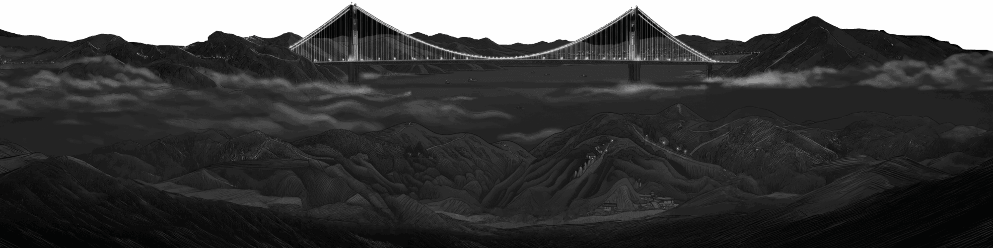 A grayscale illustration of a large suspension bridge spanning across a valley, with mountains in the foreground and background, and mist covering parts of the scene.
