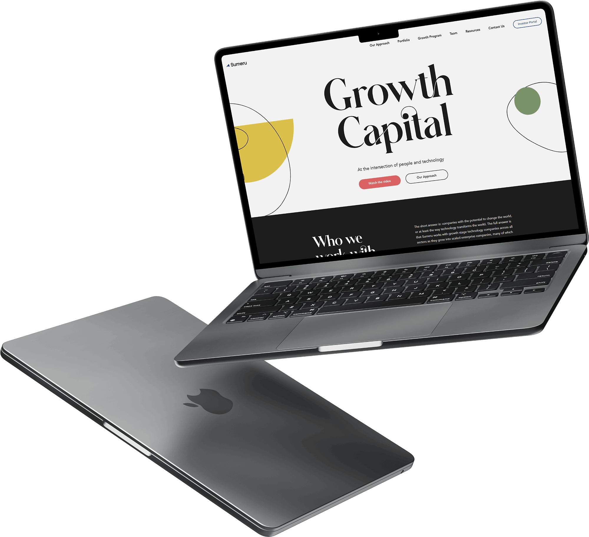 Two MacBook laptops are shown: one open displaying a “Growth Capital” webpage, and the other closed with the Apple logo visible on the back. Both laptops are floating against a plain background.