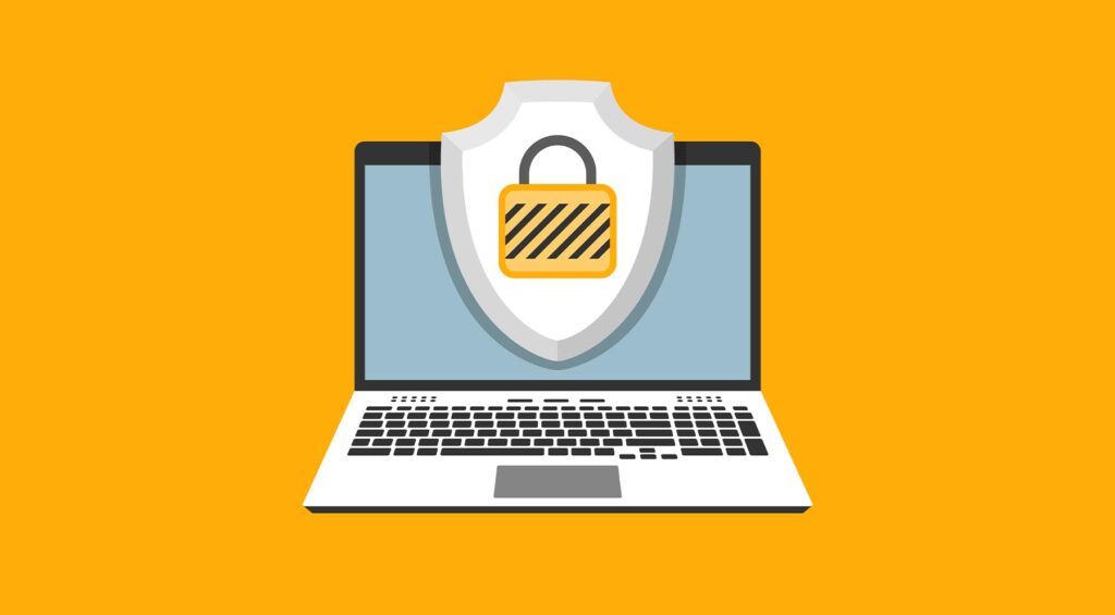 Illustration of a laptop with a shield and padlock symbol on the screen, representing cyber security or data protection, on an orange background.
