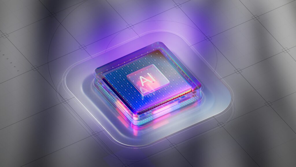 A glowing microchip labeled “AI” sits on a reflective, futuristic surface with purple and blue lights, suggesting advanced artificial intelligence technology.