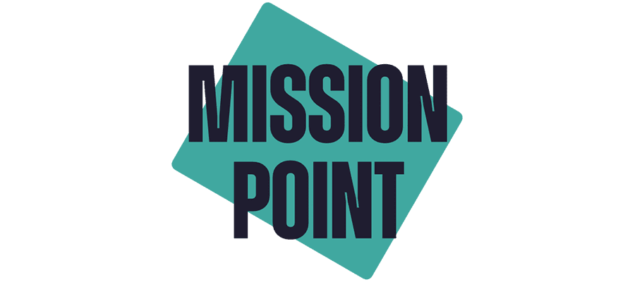 The words “MISSION POINT” in bold, black letters are centered over a tilted teal square on a light gray background.
