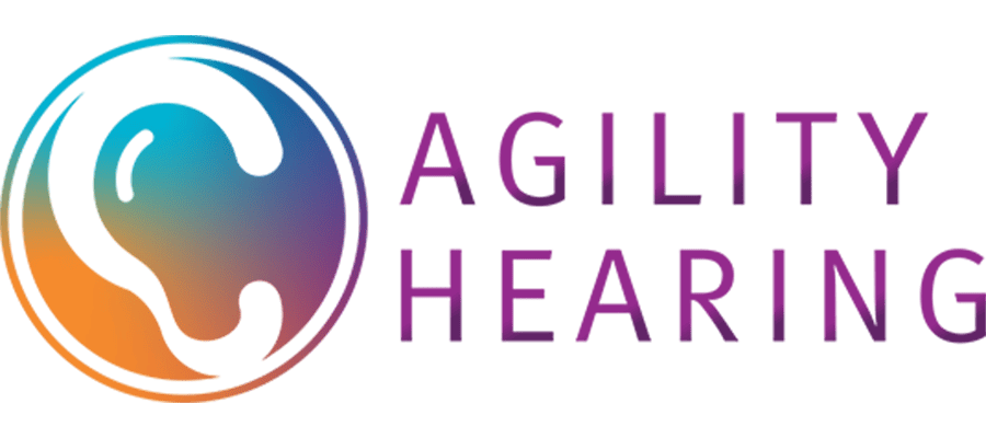 A colorful ear icon next to the words “Agility Hearing” in purple text, representing a hearing-related business or service.