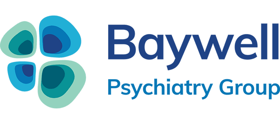 Baywell Psychiatry Group logo with four overlapping blue and teal shapes on the left and the company name in blue text on the right.