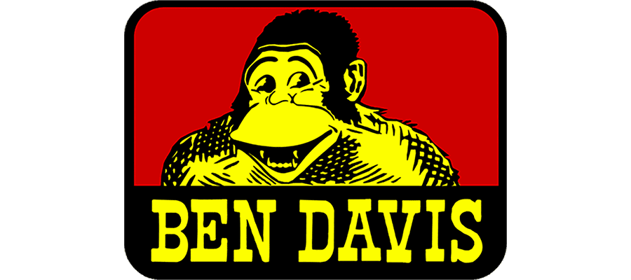 A yellow cartoon gorilla smiling on a red background, above bold yellow text reading “BEN DAVIS” on a black strip.