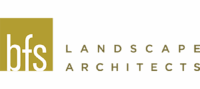 Logo With A Mustard Yellow Square Containing White Lowercase Letters “Bfs” Next To The Words “Landscape Architects” In Uppercase, Spaced-Out Letters On A White Background.