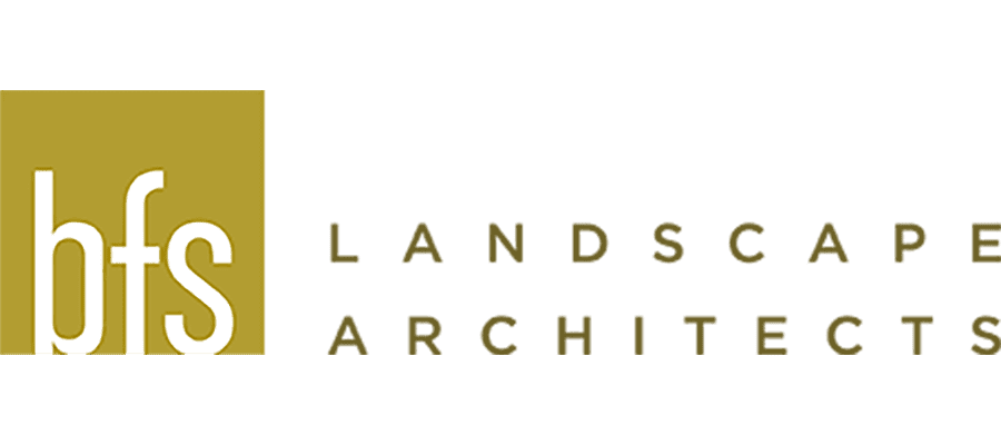 Logo with a mustard yellow square containing white lowercase letters “bfs” next to the words “LANDSCAPE ARCHITECTS” in uppercase, spaced-out letters on a white background.