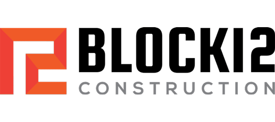 Block-style orange and red geometric logo to the left of bold black text reading “BLOCK12” above gray text reading “CONSTRUCTION” on a light background.