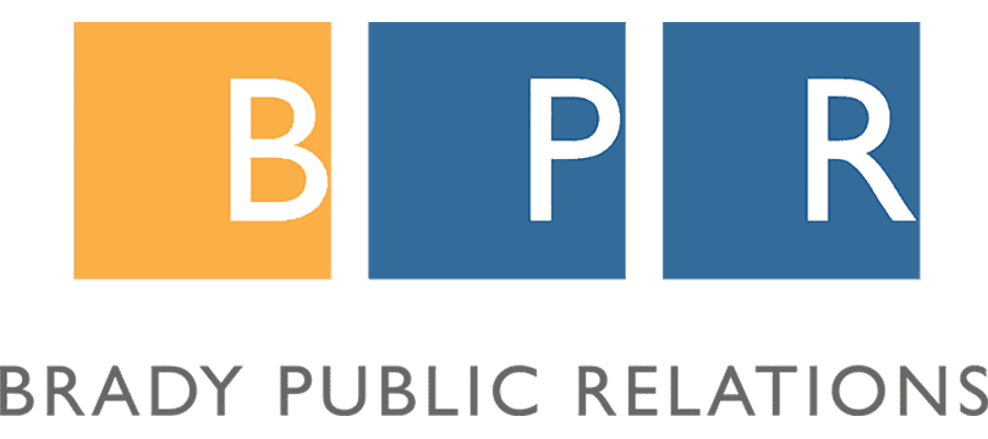 Three colored squares with the letters B, P, and R in white. Text below reads “BRADY PUBLIC RELATIONS.” The B is in an orange square; P and R are in blue squares.