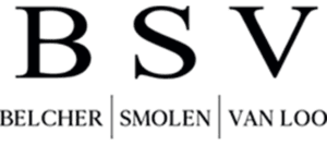 Large Initials “B S V” Appear Above The Names “Belcher | Smolen | Van Loo” In Bold, Black Text On A Light Background.