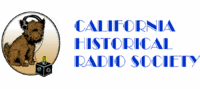 Logo Of The California Historical Radio Society Featuring A Brown Dog Wearing Headphones Next To A Small Device With A Glowing Tube, And Blue Art Deco-Style Text.